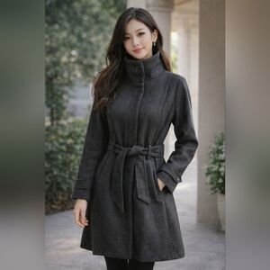 YOKI Outwear Winter Trench Coat Dark Charcoal Size Small Buttons /Belt New